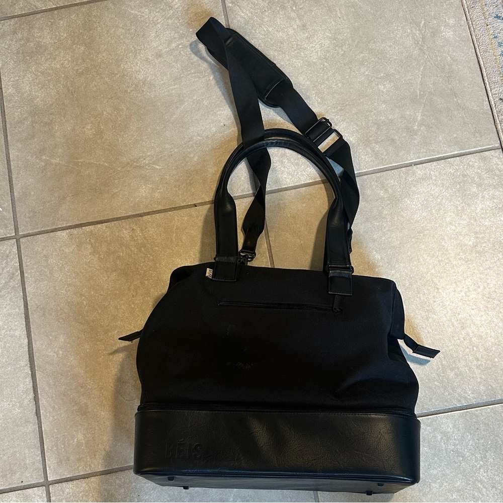 Beis black canvas and leather mini weekender bag